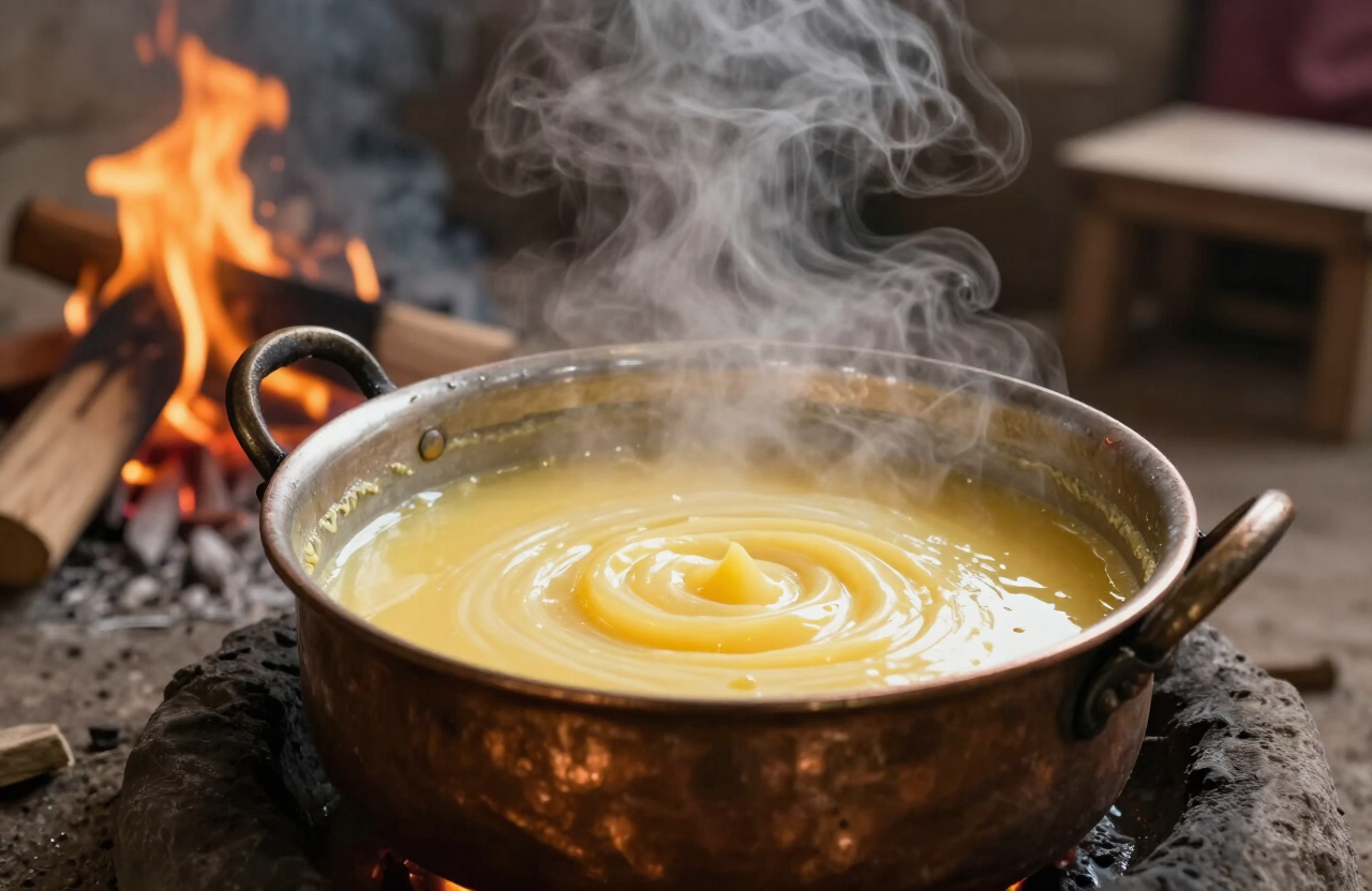 Butter slowly cooked into ghee over a wood fire