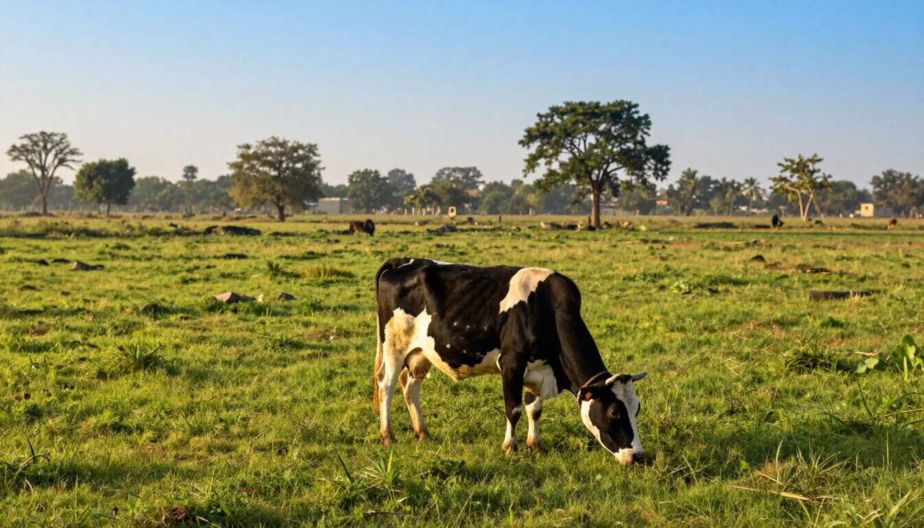 Desi cow grazing in a green pasture