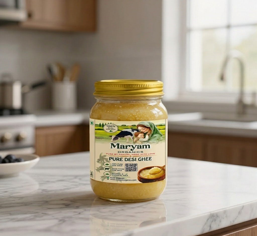 Glass jar of Maryam Organics desi ghee